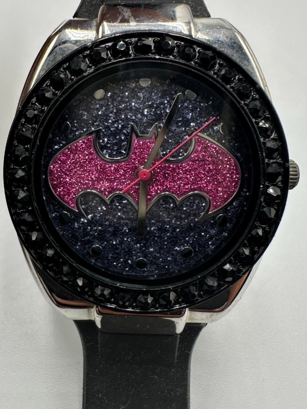 3/$30 Batgirl Pink Emblem Watch Women Silver Tone Black Rhinestone Bezel - Picture 2 of 13